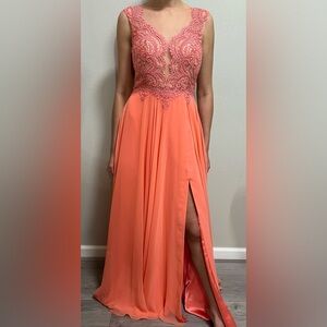 Tony Bowls Coral-Pink Embroidered Lace Bodice Prom Gown